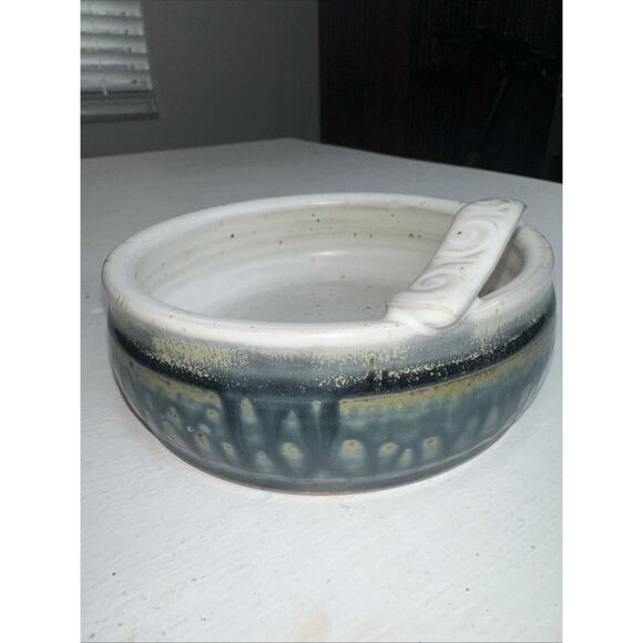 Studio Art Pottery Ceramic Bowl Mustache Drip Glaze Stoneware Blue Signed - Picture 1 of 7